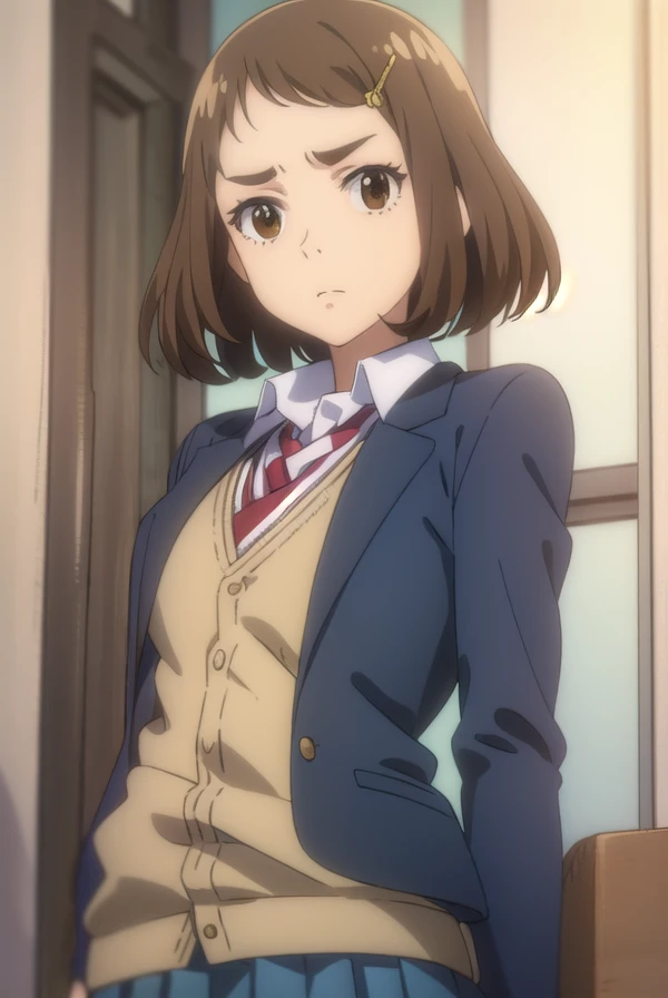 kanakoumoto, <lora:kana koumoto movie2-lora-nochekaiser:1>,
kana koumoto, short hair, brown hair, hair ornament, (brown eyes:1.5), hairclip,
BREAK skirt, school uniform, pleated skirt, necktie, miniskirt, cardigan, red necktie, brown cardigan, blazer, blue blazer,
BREAK indoors, classroom,
BREAK looking at viewer, (cowboy shot:1.5), dynamic pose,
BREAK <lyco:GoodHands-beta2:1>, (masterpiece:1.2), best quality, high resolution, unity 8k wallpaper, (illustration:0.8), (beautiful detailed eyes:1.6), extremely detailed face, perfect lighting, extremely detailed CG, (perfect hands, perfect anatomy),