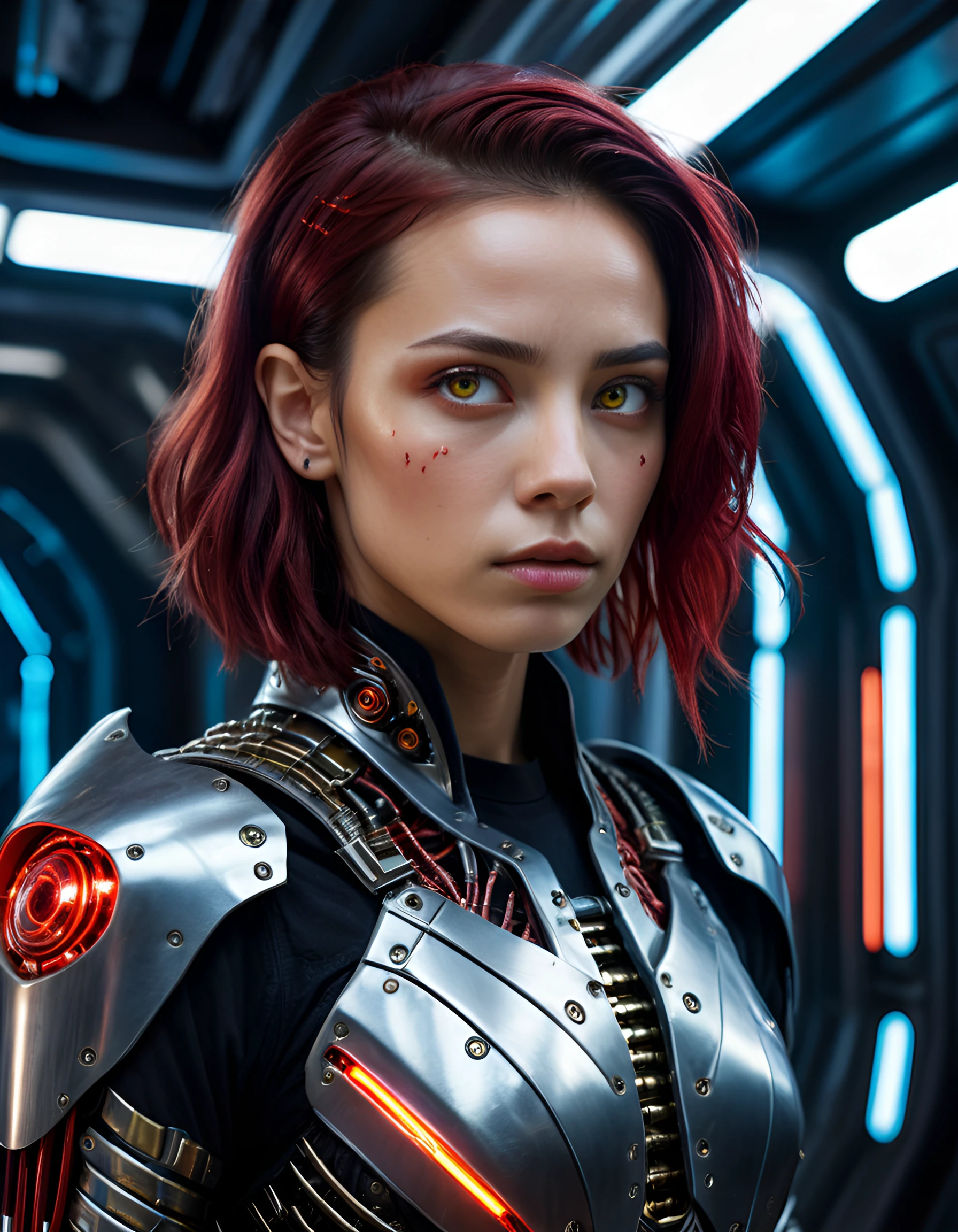 Create a highly detailed and realistic oil painting of a cyber girl in steel armor, featuring a high perspective, close-up dynamic action pose inside a spaceship. The artwork should vividly depict mechanical steel organs and visible bones, with red neon illustrating the blood vessels. Her hairstyle is a sleek black bob, complemented by intricate details on her fingers and a dramatic expression. The scene is energized by wind, with her eyes and iris meticulously rendered to capture the essence of her gaze. Surrounding her, liquid electric, along with a mix of liquid gold and black oil droplets, adds a vibrant, cyberpunk techno atmosphere. The overall mood is dark and noir, enriched by psychedelic elements. Studio lighting and soft shadows enhance the visual depth, while a shallow depth of field focuses on the detailed background. Aim for hyper-realism with sharp focus, HDR quality, and an ISO setting of 100 to achieve a cinematic look in 16k resolution, ensuring the facial features, especially the eyes, are portrayed perfectly.