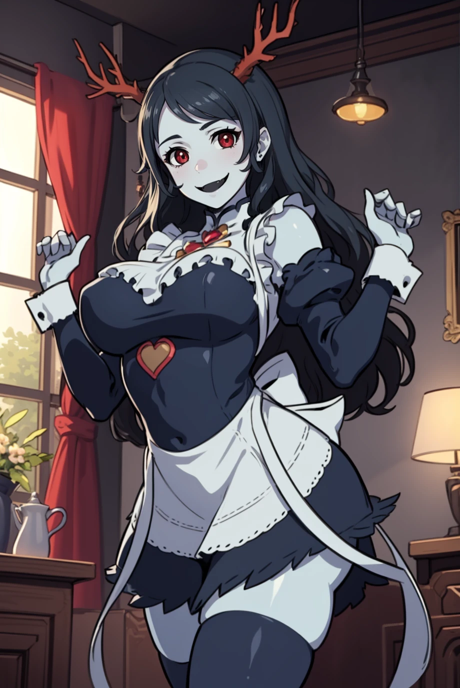 1girl, masterpiece, best quality, illustration, miracle tou, indoors, gothic castle background, upper body, black dress, hair ornament, flower, cleavage, jewelry, looking at viewer, evil girl , big evil grin, evil smile, evil face , evil eyes , vampire , evil, black hair, red eyes , naked breast, huge breast, big breast, big nipples, pointy nipples, pure white color skin, pale skin, white skin, big areola, white color areola, white color nipples,