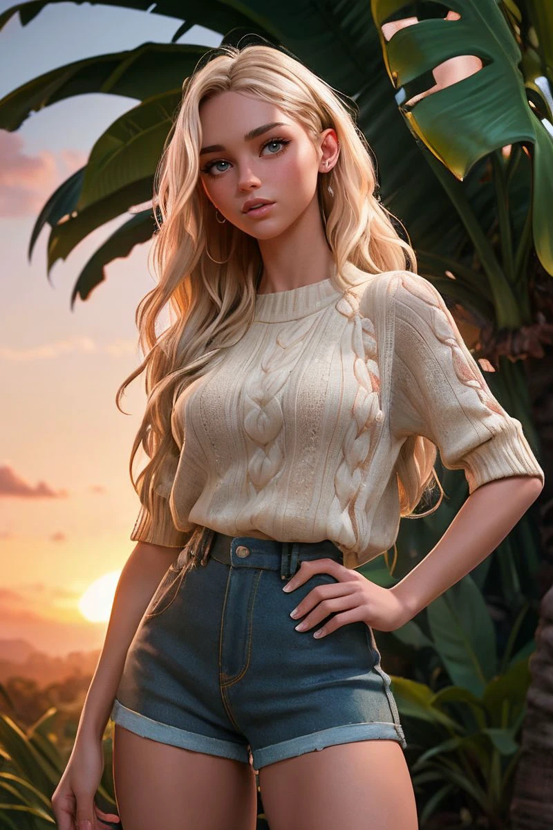 photo of S336_LucieRoseDonlan,a stunning woman,in a (jungle:1.1),wearing a (short-sleeve-sweater:1.1),(shorts),(sunset),(4k, RAW photo, best quality, depth of field, ultra high res:1.1),(absurdres, intricate, photorealistic, masterpiece, ultra-detailed:1.1),