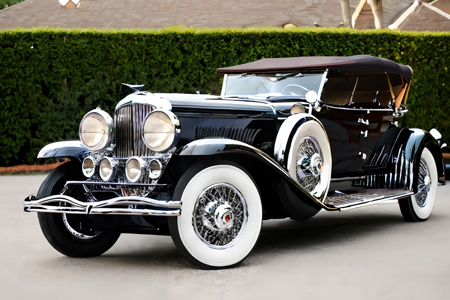 Photo of a duesenberg-j convertible parked in front of an art deco mansion <lora:1930s_Duesenberg_Model_J_by_IMAK:1>