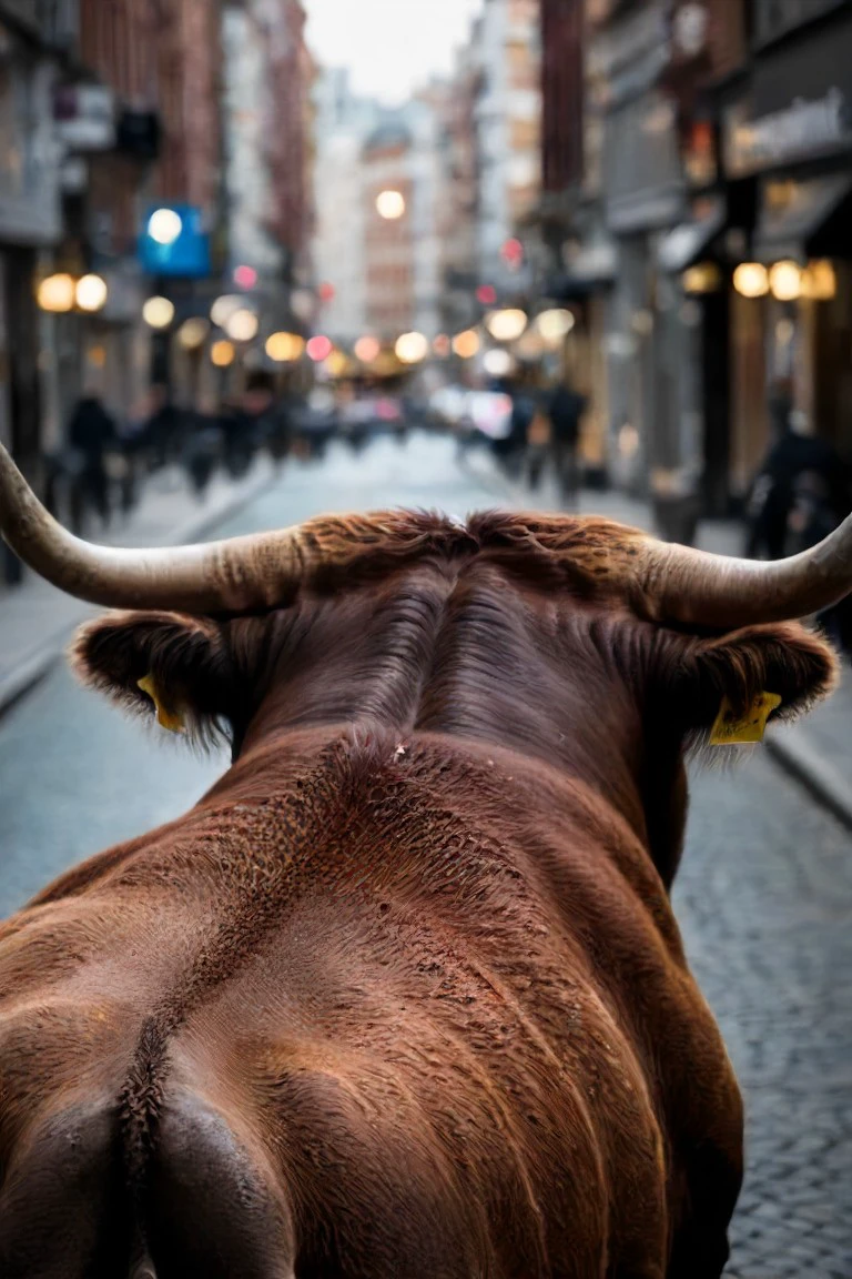 a photo shot in the point of view from the back of a a dark brown bull's head close-up on the lower side of the shot, cropped, showing a big city street above <lora:HeadPOV_from_behind_vk1-000018:0.85>, natural lighting, 4k, high quality, Fujifilm XT3