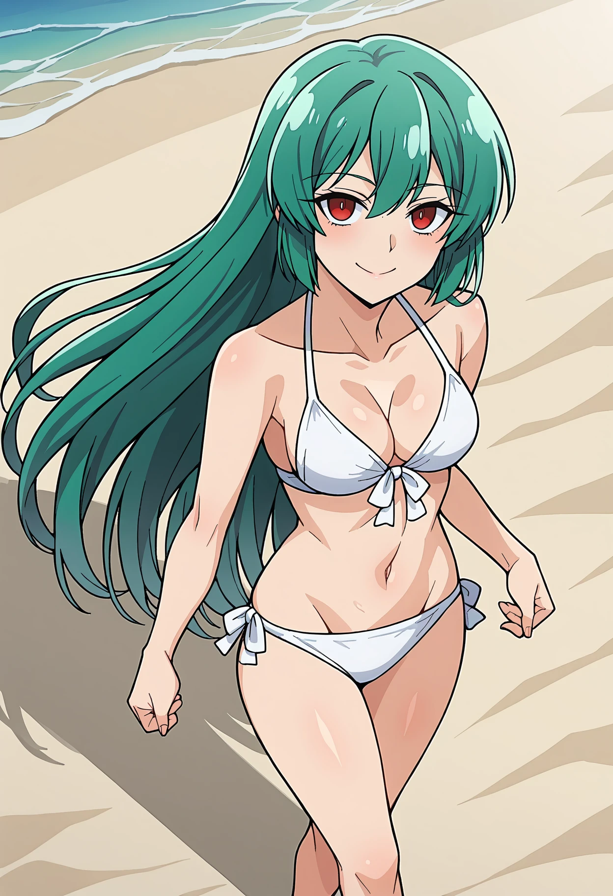 score_9, score_8_up, score_7_up, BREAK source_anime, 1girl, minakami sayo, long hair, green hair, red eyes, white bikini, walking, looking at viewer, looking up, smile, beach, sunset, pov, from above, orange vibe <lora:brj-sayo-ponyXL-v0.6:0.8>
