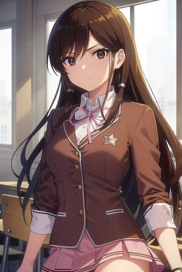 kusunokikasuga, <lora:kusunoki kasuga s2-lora-nochekaiser:1>,
kusunoki kasuga, long hair, brown hair, black hair, (brown eyes:1.5),
BREAK skirt, thighhighs, zettai ryouiki, school uniform, shirt, red shirt, pink skirt, long sleeves,
BREAK indoors, classroom,
BREAK looking at viewer, (cowboy shot:1.5),
BREAK <lyco:GoodHands-beta2:1>, (masterpiece:1.2), best quality, high resolution, unity 8k wallpaper, (illustration:0.8), (beautiful detailed eyes:1.6), extremely detailed face, perfect lighting, extremely detailed CG, (perfect hands, perfect anatomy),