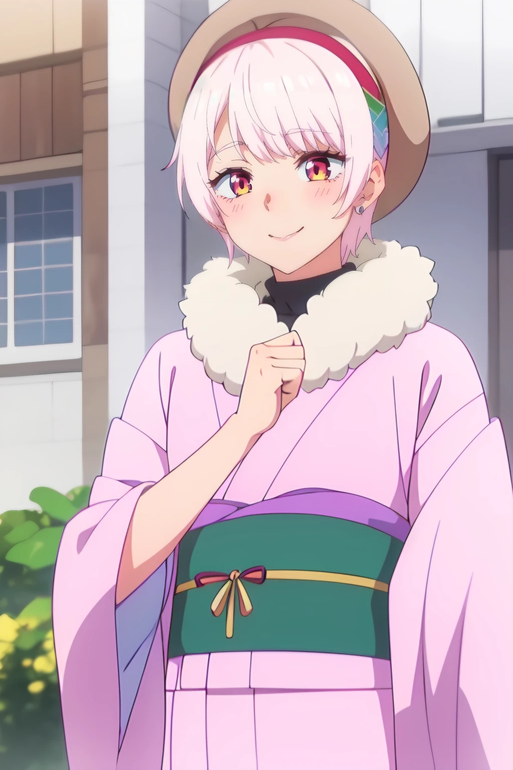 <lora:Rena Natsukawa:0.7> rena natsukawa, 1girl, pink_hair, short_hair, solo, blush, hairband, red_eyes, bangs, earrings,  smile   , japanese_clothes, pink_kimono, scarf, sash, (hat:1.2), best_quality, highres, extremely_detailed, anime perfect detailed style, 8k, masterpiece, anime art style, anime coloring,