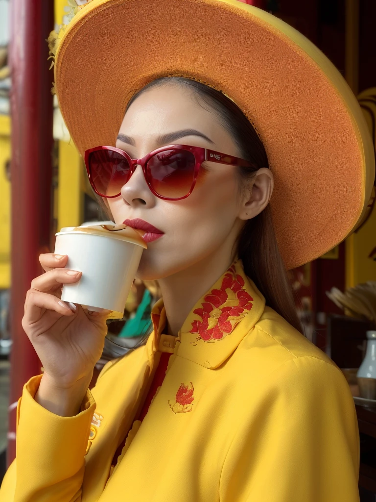 <lora:Vietnamese_disk_hat_SD15:0.8> medium closeup, d1sk_h4t, awoman in a red and yellow outfit, sunglasses, yellow hat, drinking coffee at a Saigon cafe