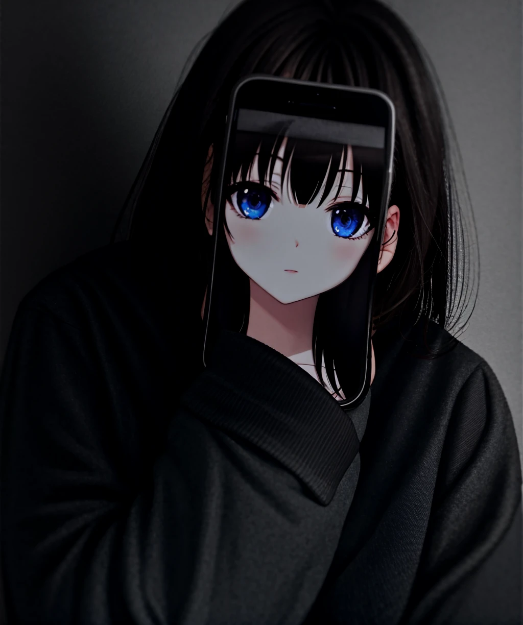 dark theme,w_phone,1girl,solo,long hair,looking at viewer,blue eyes,simple background,brown hair,shirt,long sleeves,white shirt,upper body,collared shirt,grey background,sweater,sleeves past wrists,holding phone,<lora:waifu_phone-03:1>,<lora:LowRA:0.8>,