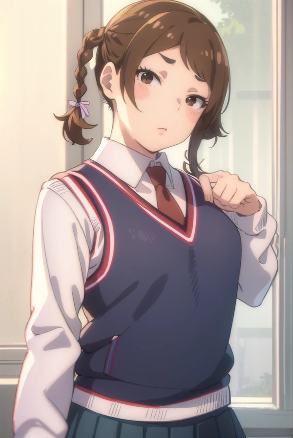 manmotoyama, <lora:man motoyama movie2-lora-nochekaiser:1>,
man motoyama, brown hair, braid, twin braids, fat, (brown eyes:1.5), blush, blush sticker,
BREAK skirt, school uniform, pleated skirt, necktie, miniskirt, red necktie, vest, sweater vest, blue sweater vest,
BREAK indoors, classroom,
BREAK looking at viewer, (cowboy shot:1.5), dynamic pose,
BREAK <lyco:GoodHands-beta2:1>, (masterpiece:1.2), best quality, high resolution, unity 8k wallpaper, (illustration:0.8), (beautiful detailed eyes:1.6), extremely detailed face, perfect lighting, extremely detailed CG, (perfect hands, perfect anatomy),