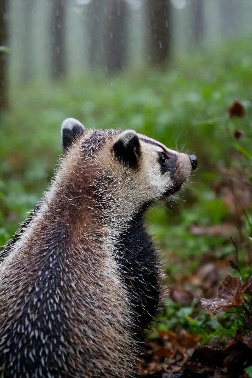 a photo shot in the point of view from the back of a Badger's head, pov, close-up on the lower corner, on a rainy dense forrest full of leaves, grass and plants, flowers <lora:HeadPOV_from_behind_vk1-000018:0.85>, natural lighting, 4k, high quality, Fujifilm XT3