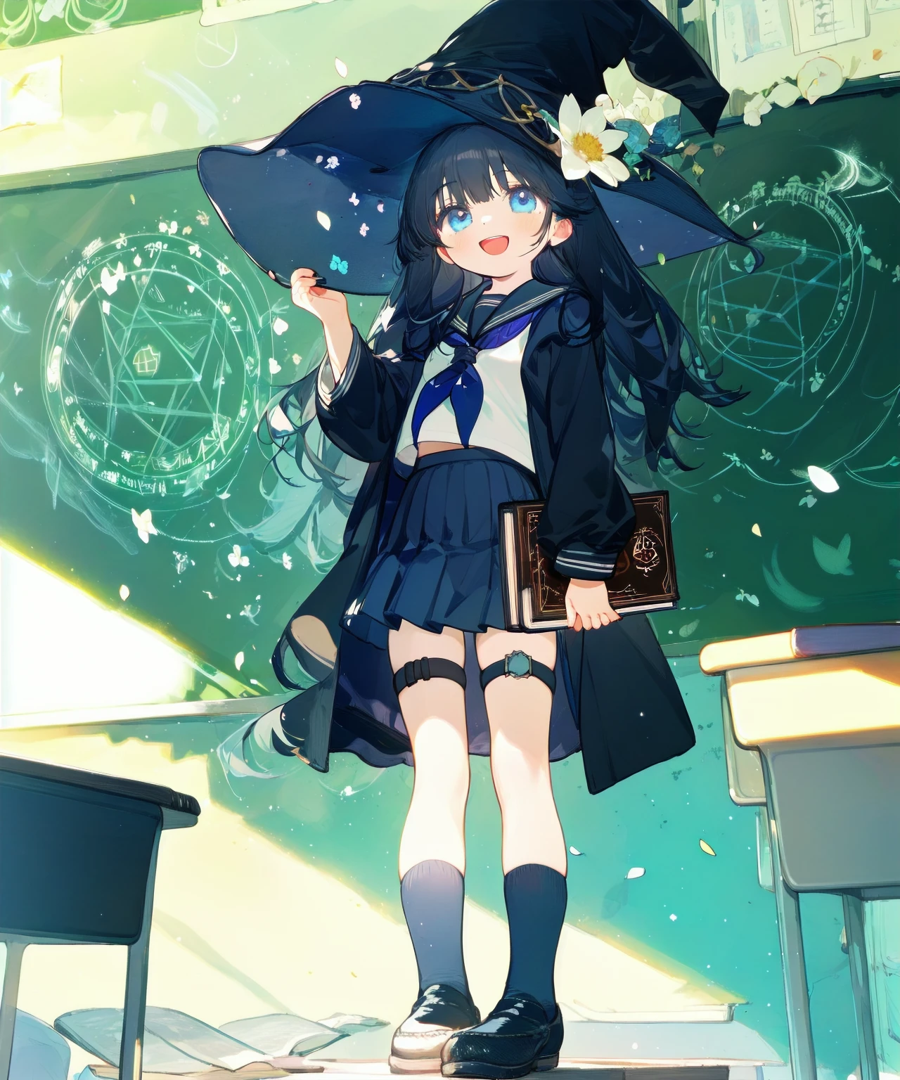 <lora:Chun-paretto-wizard-v1-ANL:1> 1girl, chalkboard, solo, book, holding, hat, skirt, socks, witch hat, pleated skirt, long hair, shirt, blue eyes, black hair, standing, black skirt, neckerchief, smile, bangs, long sleeves, holding book, white shirt, open mouth, serafuku, shoes, sailor collar, looking at viewer, school uniform, blue neckerchief, indoors, black footwear, black sailor collar, black headwear, full body, open clothes, :d, thigh strap, flower, loafers, classroom, kneehighs, hand on headwear, teeth, magic circle, blue flower, black coat, open coat, desk, crescent, hand up, upper teeth only, black socks, coat, hat ornament