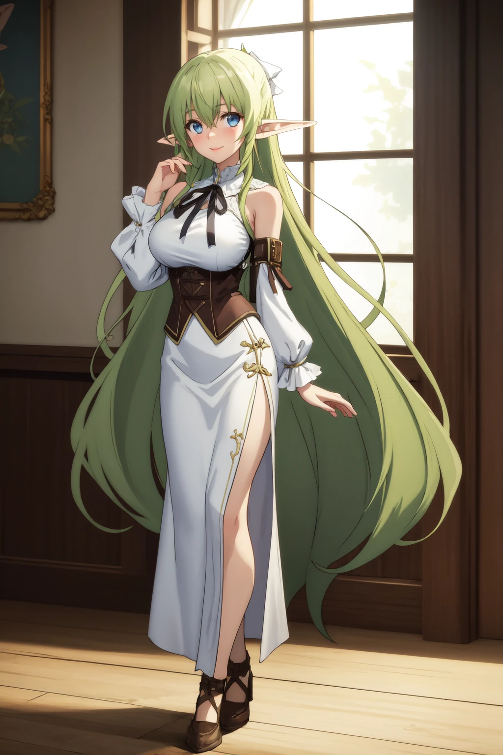 masterpiece, best quality, absurdres, 1girl,  Riruru <lora:Riruru:0.7>, very long hair, green hair, pointy ears, elf, blue eyes, (white dress), bare shoulders, detached sleeves, black ribbon,
BREAK light smile, nice hands, perfect hands, beaufitul hand, beautiful finger, indoors, (perfect anatomy),  [Cinematic lighting|Volumetric Lighting], portrait, full body