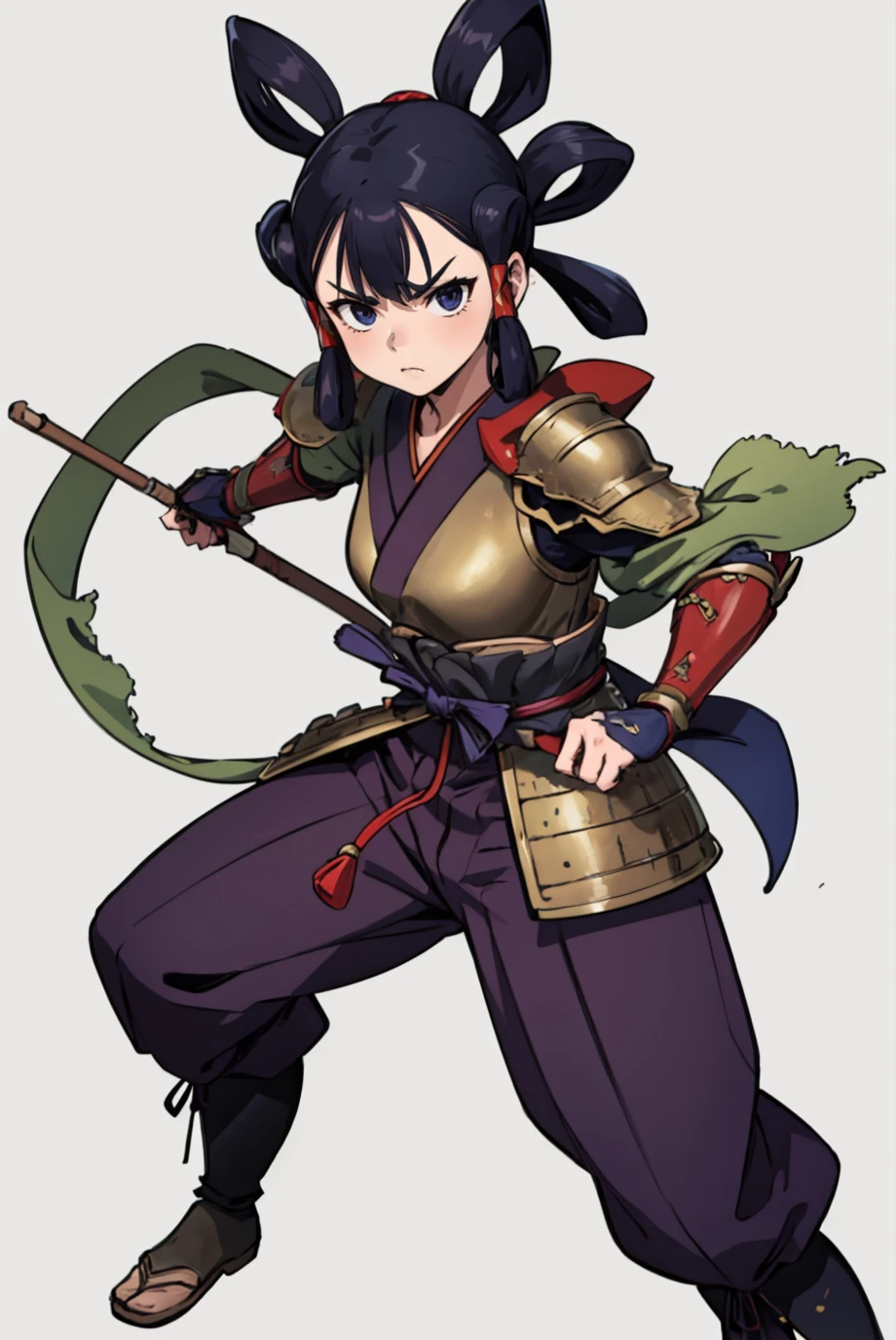 (masterpiece, best quality:1.2), 1girl, solo, fighting stance, furrowed brow, sakunaRR, japanese clothes, armor, puffy pants, boots, <lora:SakunaRR-bsinky-v1:0.7> simple background