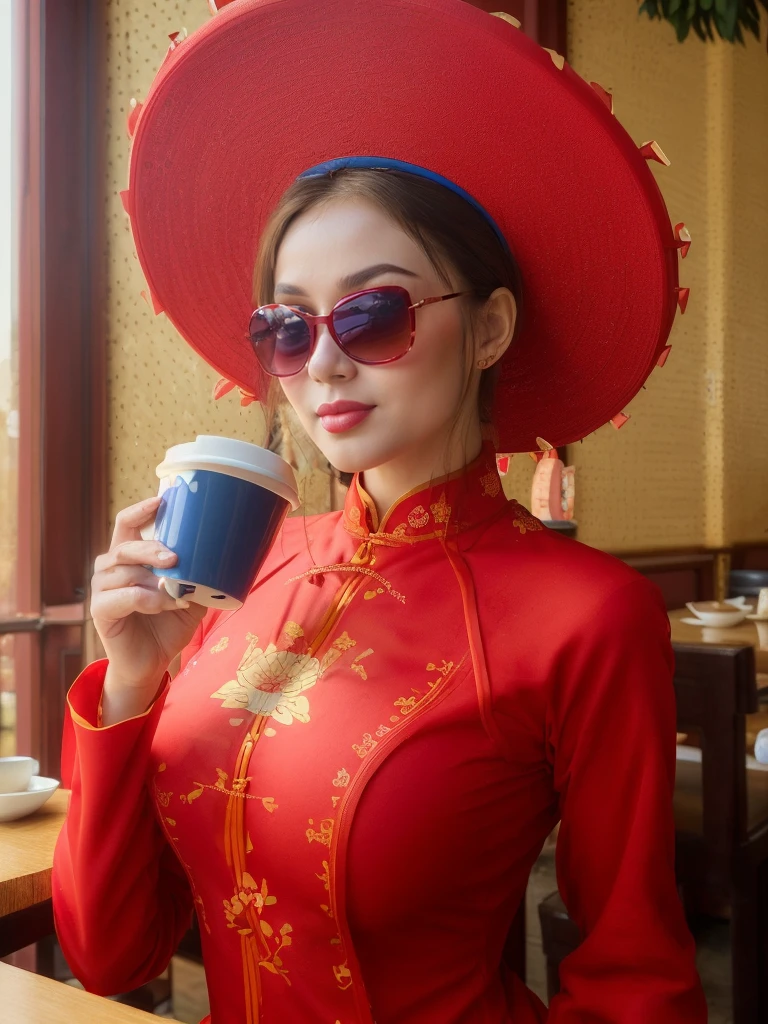 <lora:Vietnamese_disk_hat_SD15:0.8> half length, d1sk_h4t, awoman in a red ao dai, sunglasses, big breasts, blue hat, drinking coffee at a Saigon cafe