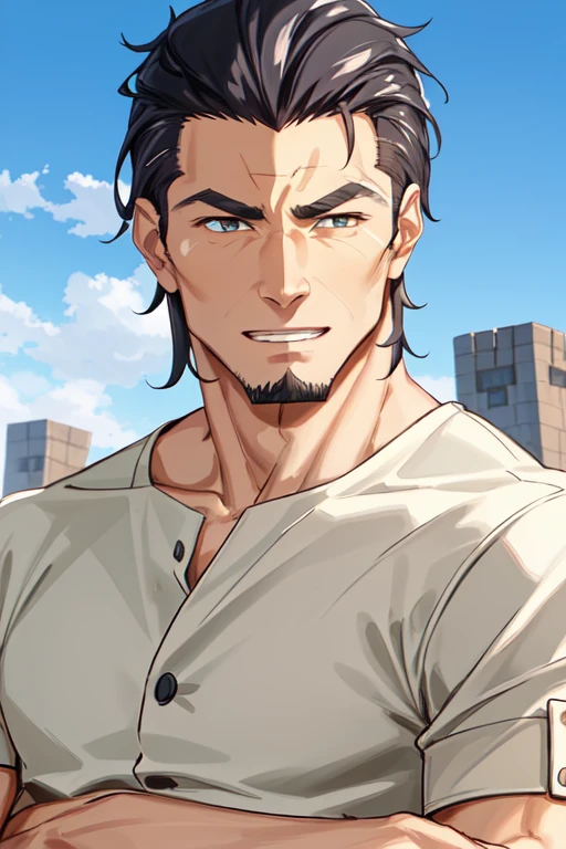 (1 image only), solo male, Kaburagi, Deca Dence, greying black hair, slicked back hair, thick eyebrows, sideburns, goatee, green eyes, scar, tucked-in wide necked short-sleeved white shirt, sleeves tucked up and buttoned, short sleeves, olive wide worker pants, black belt tied, brown boots. simpple leather bracelet, toned male, mature, handsome, charming, alluring, grin, (portrait, close-up), perfect anatomy, perfect proportions, best quality, masterpiece, high_resolution, dutch angle, outdoors, day, blue sky, science fiction, citadel on sky, photo background, (bare neck)<lora:EMS-309283-EMS:0.700000>