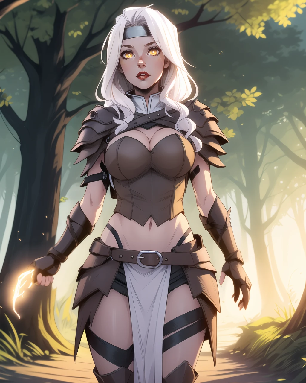 1girl, detailed, masterpiece,HDR, detailed sharp, best quality, 
solo, 
looking at viewer, 
owler style,thepit style,
illustration,
large breasts,
Rose_Dg, yellow eyes,white hair, lipstick, headband,
glowing eyes, aura, glowing,blonde hair, 
outdoors, nature, magic, aura,
lips,  holding sword, 
dynamic pose, fighting stance, clenched hands, 
armor, boots, belt, thigh strap, shoulder armor, pelvic curtain, pauldrons, gloves,
 <lora:Rose_DG_v01-000002:0.80>