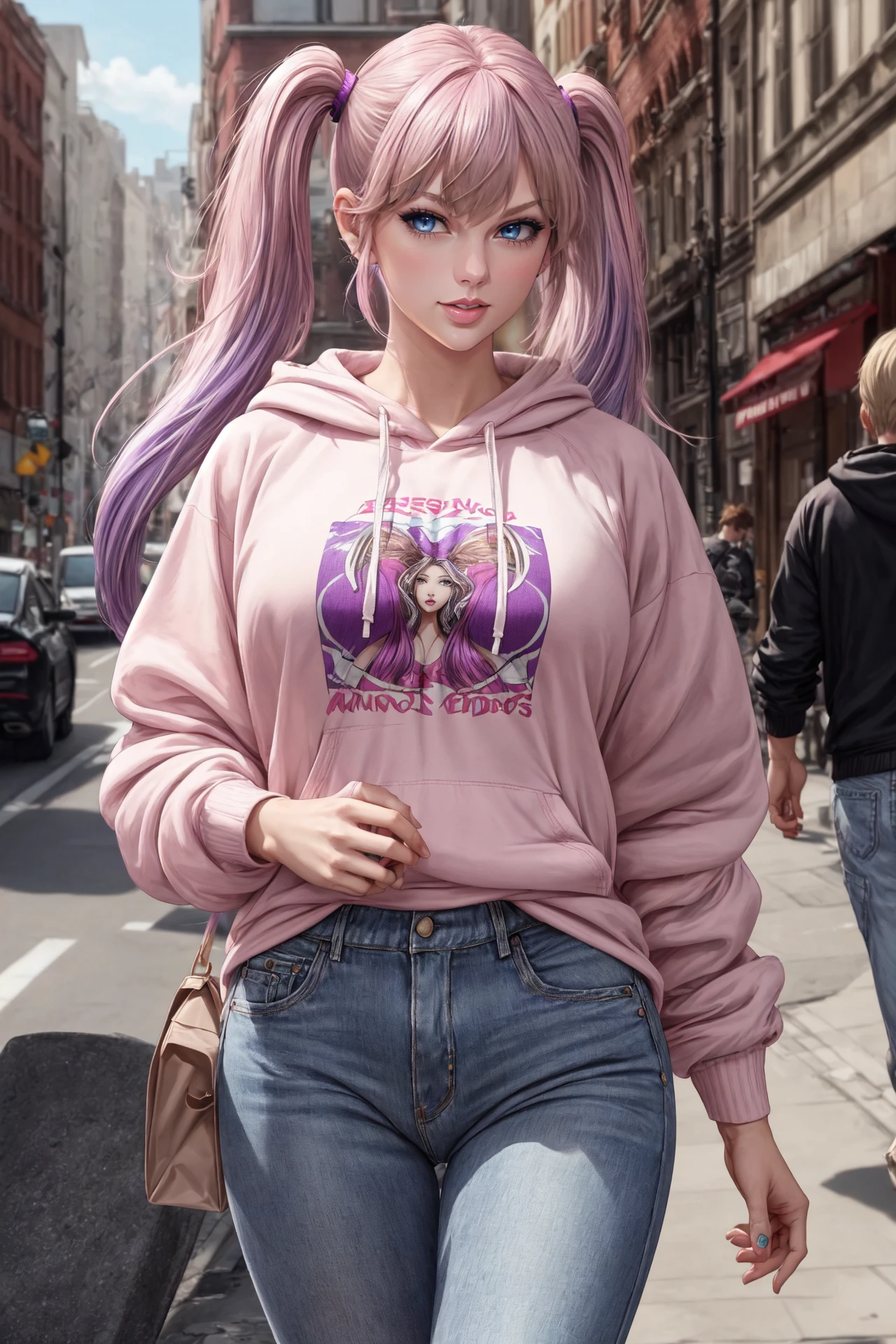 a stunning photorealistic full-body image of (Taylor Swift:0.8) with (full long pink-purple hair messy twintails), wearing (baggy:1.2) hoody sweatshirt and jeans, thicc thighs, (happy, smiling:0.6), cool colors, soft light, intricate details, morning, clear glossy eyes, (masterpiece, best quality), toned legs, ultra high quality, flawless fingers, ultra detailed skin, (skin imperfections:0.6), soft light, accurate fingers, detailed hands, sharp focus, cozy, perfect anatomy <lora:add_detail:0.8>