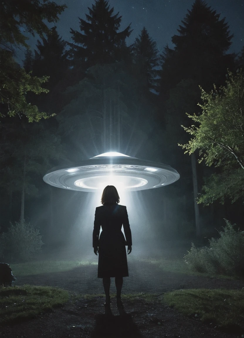 agentscully, standing in a strong and blinding light from a flying saucer, night, dark sky, dramatic light, from above, light effects, outside, trees in the background,
<lora:DanaScullyXL_v2d-step00002100:0.8>