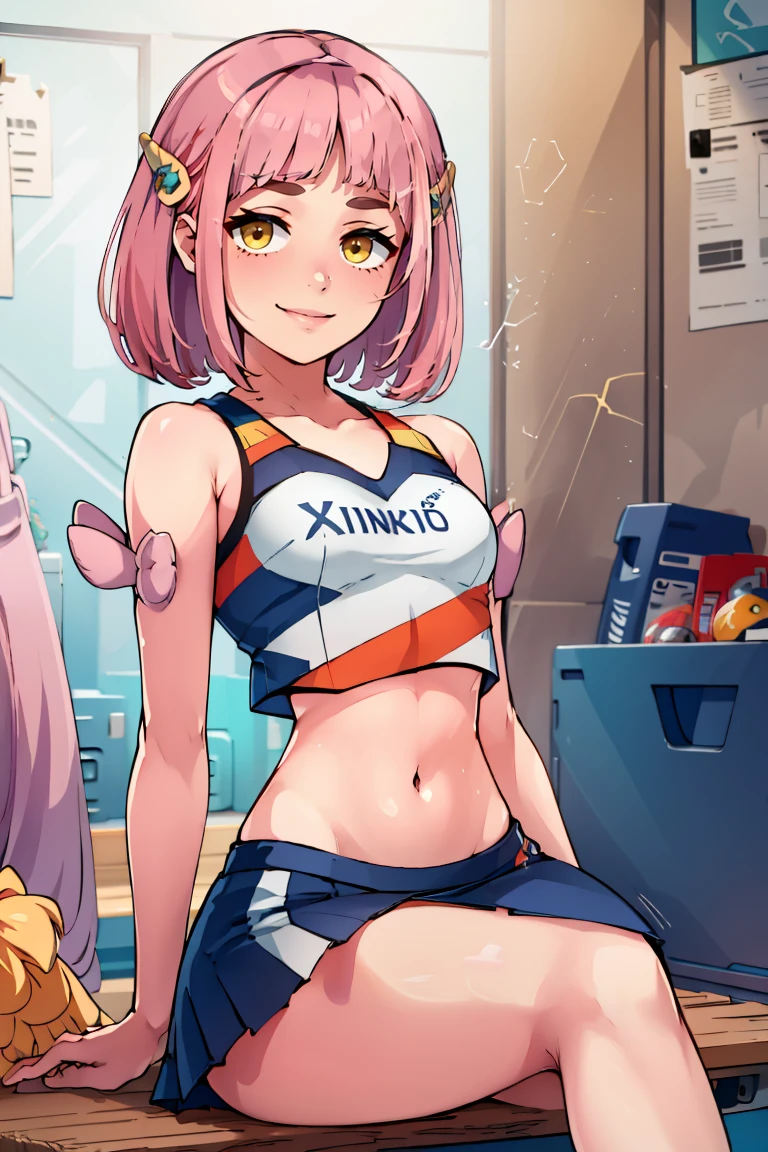 ((masterpiece,best quality)), absurdres, <lora:Lacey_Pokemon:0.8>, Lacey_Pokemon,  short hair, pink hair, yellow eyes, hairclips, solo, smiling, looking at viewer, cowboy shot, cheerleader,  crop top, midriff, miniskirt, locker room, locker, indoors, bench, sitting, crossed legs