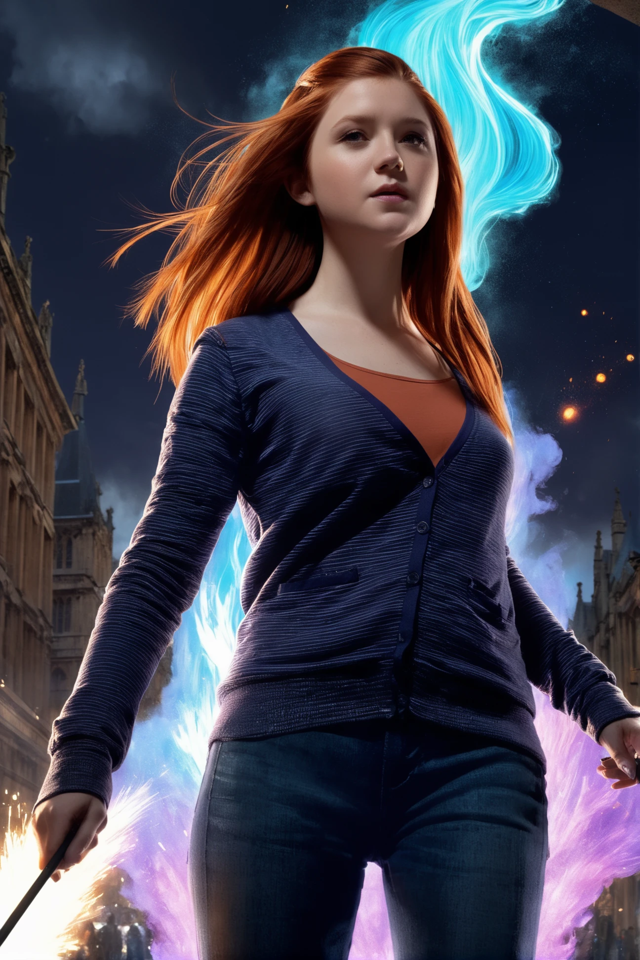 Ginny_Weasley, a woman wearing a stripped jacket and jeans pants, holding a wand, an open grimoire, floating in mid-air, surrounded by ethereal plasma effects, in London, revealing intricate spells and incantations, black magic spills around, magic in the air, magic luminous multicolor swirling smoke and glowing particles, glowing illumination, dark fantasy concept art, fantasy concept art, hyperdetailed, intricately detailed, ultra hd, highly detailed, perfect composition, beautiful detailed intricate insanely detailed octane render, trending on artstation, detailed, 16k rim lighting, Sharp focus, Mysterious, detailed, hdr, epic background, line art, digital illustration, comic style, dynamic, highly detailed, artstation, concept art, smooth, sharp focus, illustration, Thomas Moran style, art by Carne Griffiths and Wadim Kashin, detailed background, 60-30-10 color rule, warm tones, godrays, unreal engine, greg rutkowski, loish, rhads, beeple, makoto shinkai and lois van baarle, ilya kuvshinov, rossdraws, tom bagshaw, alphonse mucha, global illumination, detailed and intricate environment <lora:Ginny_Weasley:0.8>