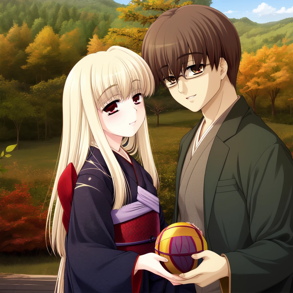 <lora:Rindou:1>, Rindou, 1girl, 1boy, japanese clothes, blonde hair, kimono, glasses, long hair, ball, tree, couple, brown hair, smile, leaf, obi, hetero,
masterpiece, high quality, very_high_resolution, large_filesize, full color,