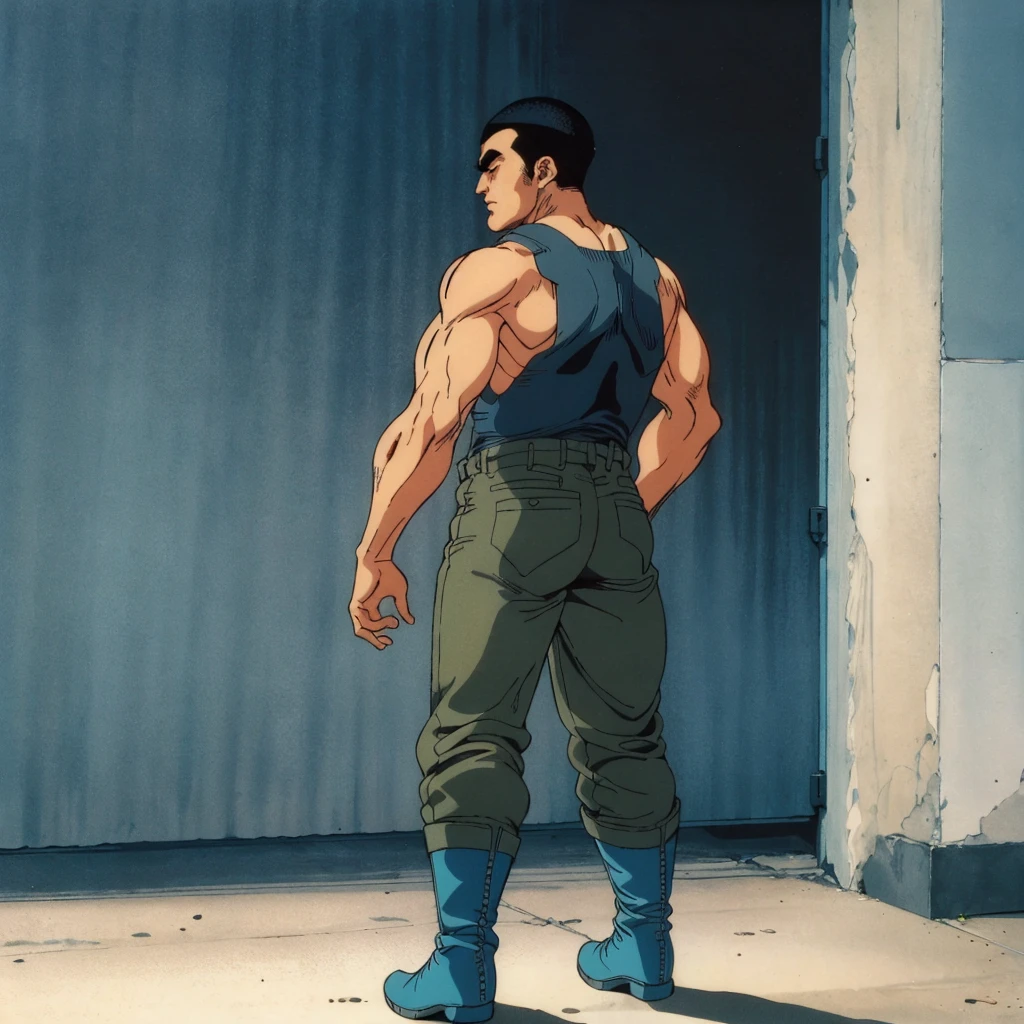 <lora:FuzeYuji001:0.7>,
retro artstyle,1980s (style),
FuzeYuji,1man,black hair,buzz cut,thick eyebrows,closed eyes,
tank_top,
pants,boots,
full body,standing,looking back,