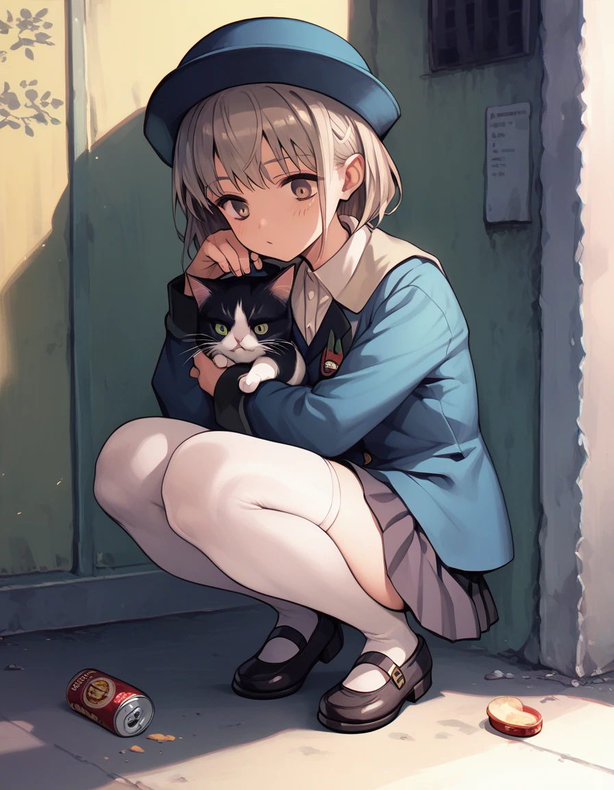 score_9, score_8_up, score_7_up, score_6_up, score_5_up, score_4_up, source_anime
<lora:13sentinels-ponyxl-000040:1>
hakase, (short hair), school hat, kindergarten uniform, blue jacket, pleated skirt, knee highs, white legwear, mary janes,
1girl, canned food, cat, squatting