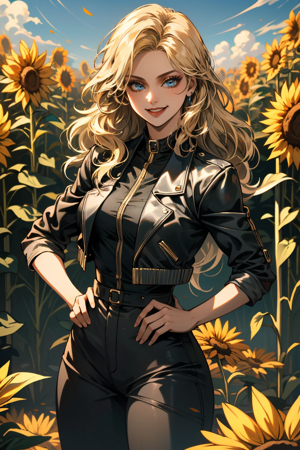 ((ultra detailed, masterpiece, absurdres))
 <lora:I2BlackCanary:0.8>
I2BlackCanary, 1girl, long hair, blonde hair, blue eyes, surrounded by sunflowers in a bright field, smiling, with hands on hips