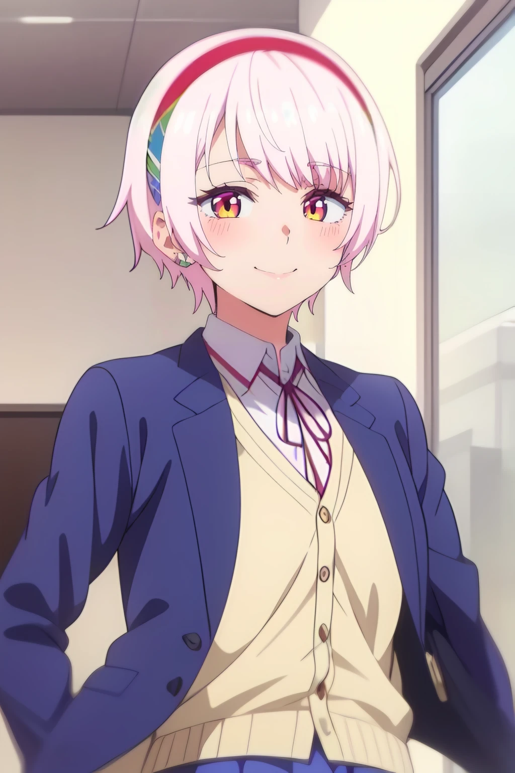 rena natsukawa, 1girl, pink_hair, short_hair, solo, blush, hairband, red_eyes, bangs, earrings,  smile   ,    school_uniform, blue_jacket, pleated_skirt, blazer, cardigan,  upper body, looking at viewer   <lora:Rena Natsukawa:0.7> ,, best_quality, highres, extremely_detailed, anime perfect detailed style, 8k, masterpiece, anime art style, anime coloring,