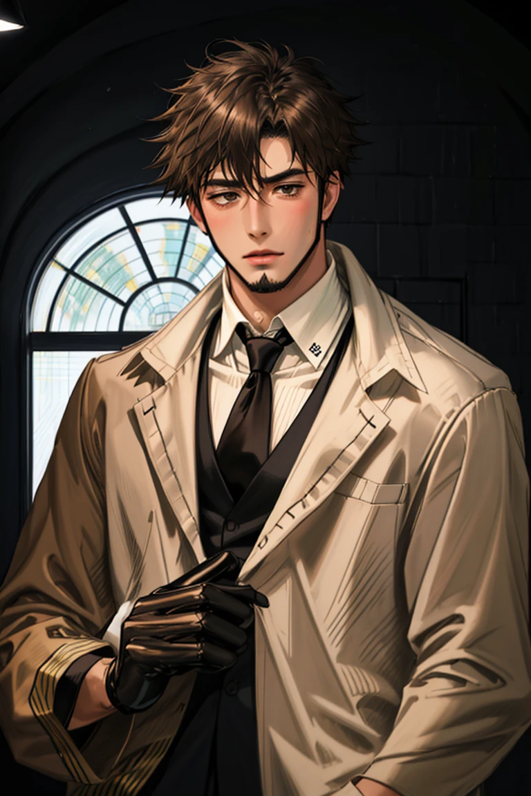 solo male, Genma Shizume, Asian, Japanese, black hair, chinstrap beard, sideburns, black eyes, calm eyes, slitty eyes, intense gaze, blush, shy, (dress in layers), 3 Piece Suit, white collared shirt, black necktie, black suit jacket, , (light brown trench coat, open trench coat:1.2), black pants, black gloves, mature, masculine, handsome, charming, allurin, smile, upper body, perfect anatomy, perfect proportions, (best quality, masterpiece, high_resolution:1.3), (perfect eyes, perfecteyes:1.3)<lora:EMS-308260-EMS:0.600000>, <lora:EMS-498-EMS:0.600000>