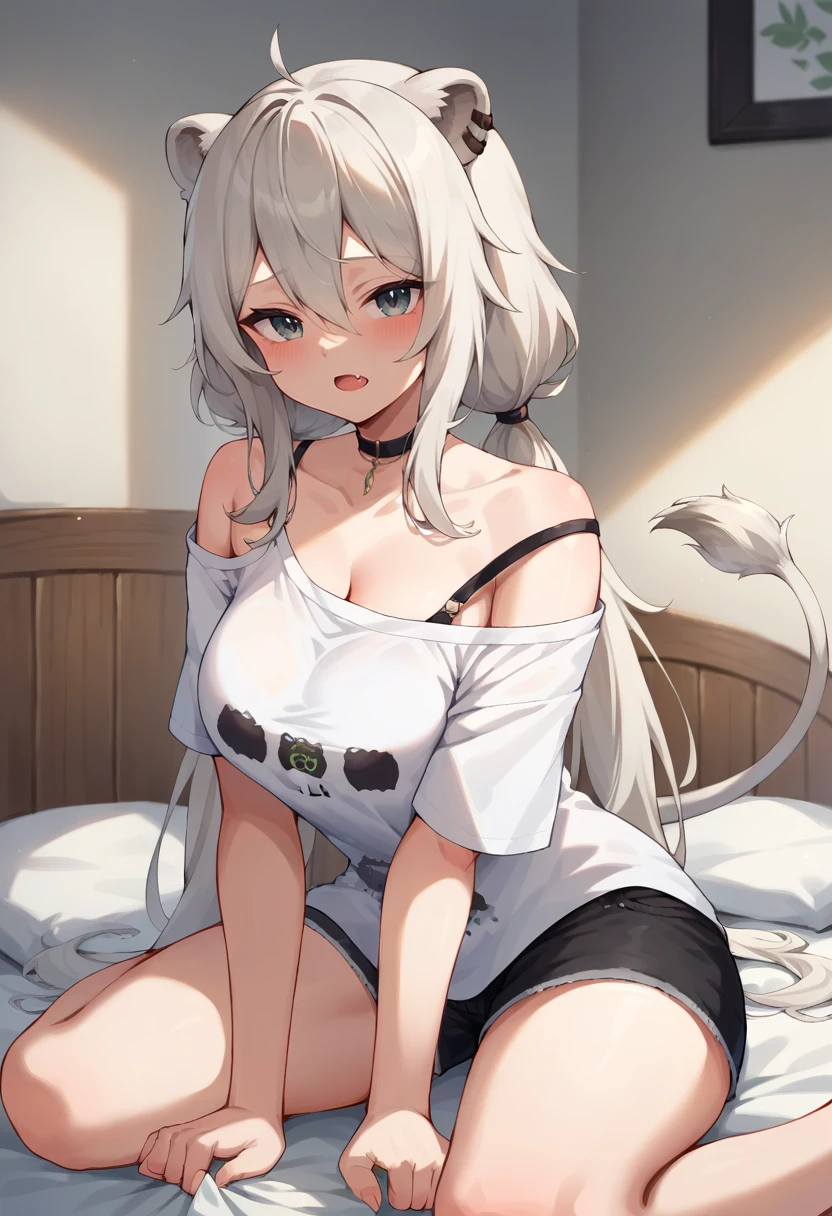 score_9,score_8_up score_7_up, rumi usagiyama, red eyes, long white hair, animal ears, upper body shot, medium breasts, wearing black crop top, black thong, lying on a bed, hands behind head, grinning, bedroom eyes, barefoot, feet in frame, 5 toes,