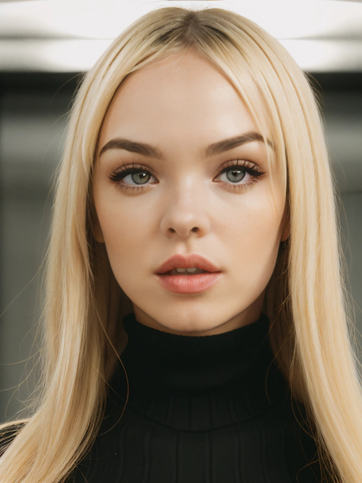 epic35mm, photo of beautiful (block_lillybell:0.99), a woman, perfect long blonde hair, (closeup portrait), (red turtleneck jumper:1.1), 85mm, (analog, cinematic, film grain:1.3), (metro station), ((detailed eyes)), (color picture:1.1), (looking at viewer), <lora:epiC35mm:1>