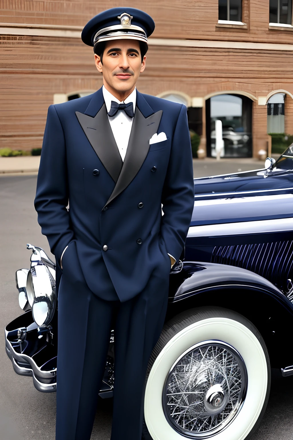 Photo of a distinguished (50 year old man) wearing 1930s chauffeur livery and a chauffeur style peaked cap (standing in front) of a navy blue duesenberg-j  town car <lora:1930s_Duesenberg_Model_J_by_IMAK:.6>