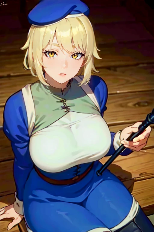 falin_thorden, 1girl, blonde hair, hat, tongue out, one eye closed, blush, looking at viewer, large breasts, sitting, staff, yellow eyes, wariza, short hair, boots, hand on headwear, holding, twitter username<lora:EMS-308231-EMS:1.000000>