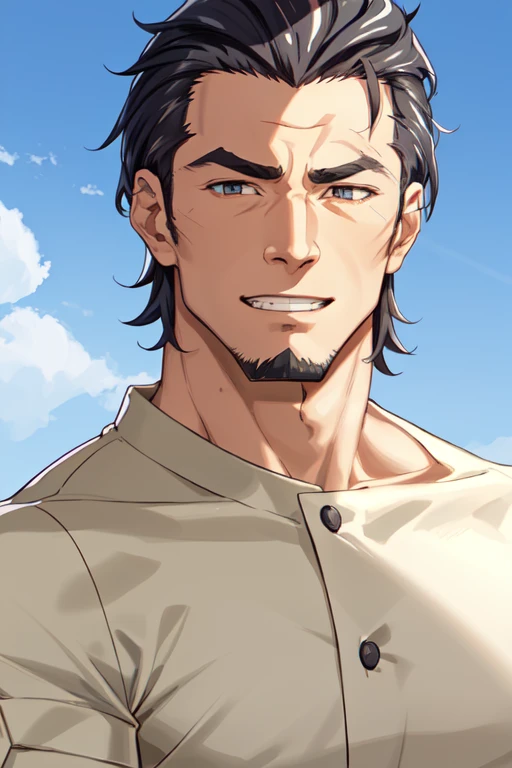 (1 image only), solo male, Kaburagi, Deca Dence, greying black hair, slicked back hair, thick eyebrows, sideburns, goatee, green eyes, scar, tucked-in wide necked short-sleeved white shirt, sleeves tucked up and buttoned, short sleeves, olive wide worker pants, black belt tied, brown boots. simpple leather bracelet, toned male, mature, handsome, charming, alluring, grin, (portrait, close-up), perfect anatomy, perfect proportions, best quality, masterpiece, high_resolution, dutch angle, outdoors, day, blue sky, science fiction, citadel on sky, photo background, bare neck<lora:EMS-309283-EMS:0.700000>