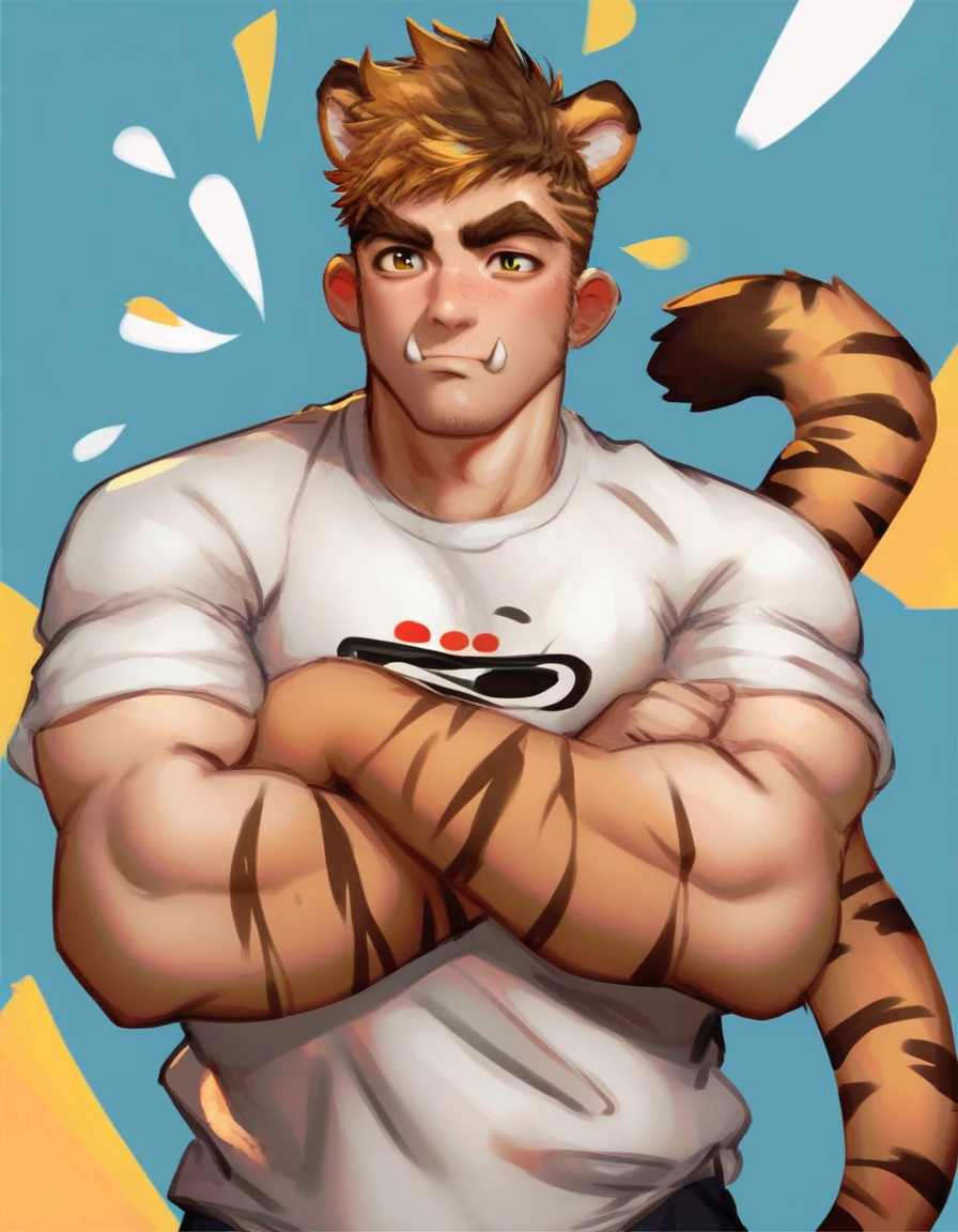 score_9, score_8_up, score_7_up, score_6_up, score_5_up, score_4_up, 1boy, animal ears, bara, blonde hair, brown hair, crossed arms, male focus, mature male, multicolored hair, muscular, muscular male, pectoral lift, shirt, short hair, solo, spiked hair, t-shirt, tail, thick eyebrows, tiger boy, tiger ears, tiger tail, tusks, two-tone hair, white shirt <lora:greenteaa-Pony-XL-v6:1>