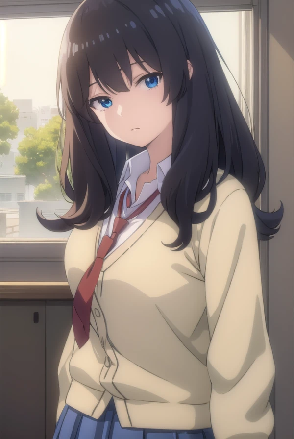 hijiriyajima, <lora:hijiri yajima movie2-lora-nochekaiser:1>,
hijiri yajima, long hair, black hair, blue eyes,
BREAK skirt, school uniform, pleated skirt, necktie, miniskirt, cardigan, red necktie, brown cardigan,
BREAK indoors, classroom,
BREAK looking at viewer, (cowboy shot:1.5), dynamic pose,
BREAK <lyco:GoodHands-beta2:1>, (masterpiece:1.2), best quality, high resolution, unity 8k wallpaper, (illustration:0.8), (beautiful detailed eyes:1.6), extremely detailed face, perfect lighting, extremely detailed CG, (perfect hands, perfect anatomy),