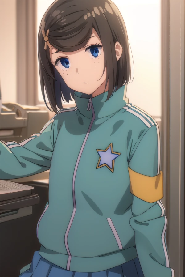 tomomihetada, <lora:tomomi hetada movie2-lora-nochekaiser:1>,
tomomi hetada, short hair, blue eyes, brown hair, hair ornament, hairclip, (swept bangs:1.5), freckles, 
BREAK jacket, track jacket, skirt, blue skirt, pleated skirt,
BREAK indoors, classroom,
BREAK looking at viewer, (cowboy shot:1.5), dynamic pose,
BREAK <lyco:GoodHands-beta2:1>, (masterpiece:1.2), best quality, high resolution, unity 8k wallpaper, (illustration:0.8), (beautiful detailed eyes:1.6), extremely detailed face, perfect lighting, extremely detailed CG, (perfect hands, perfect anatomy),