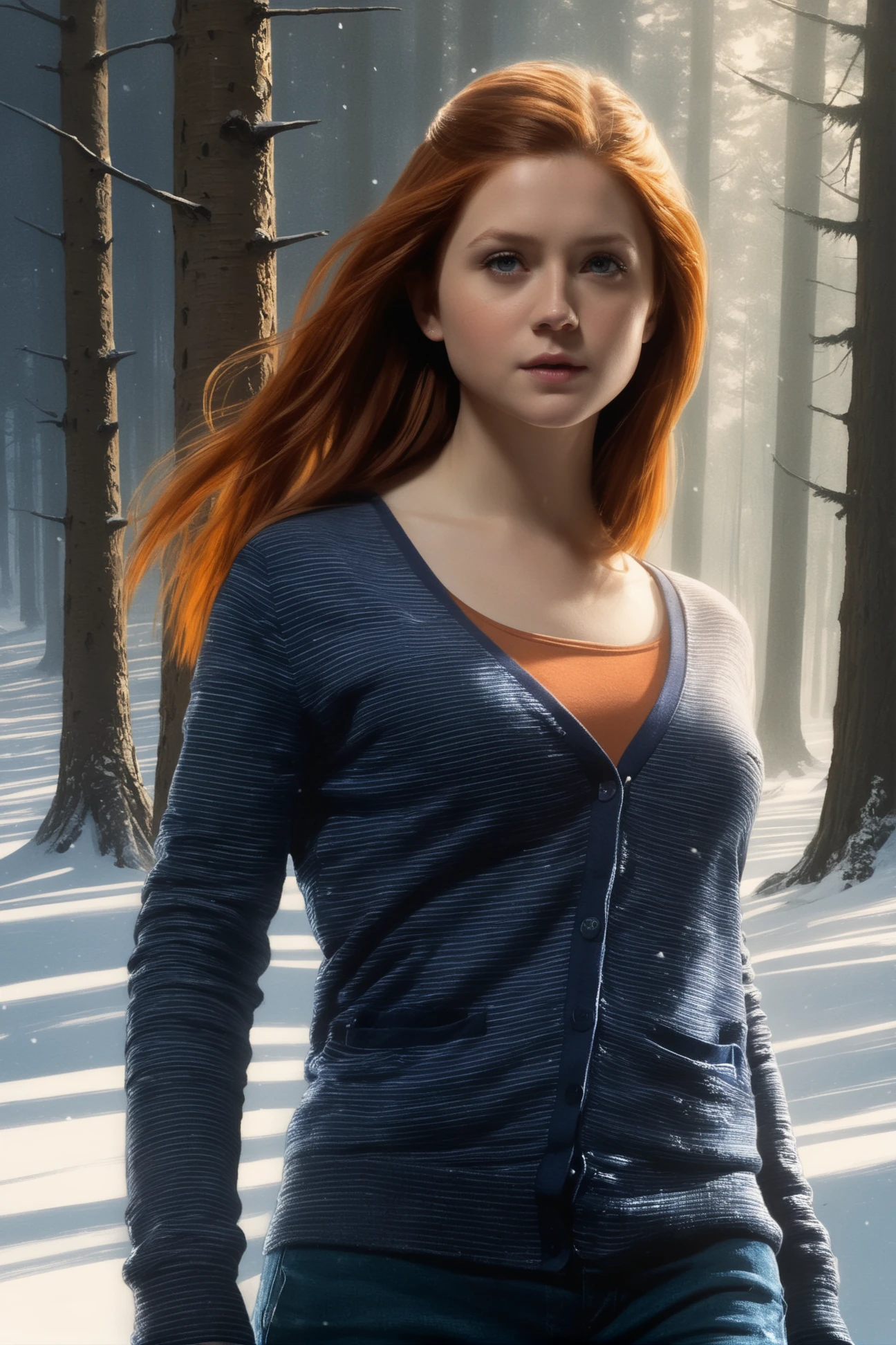 Ginny_Weasley, a woman wearing a stripped jacket and jeans pants, standing on a rock in the snow, with a tree in the background and a blanket on her legs, cozy time, chill, in the style of Ben Boshau, Michael Garmash, Daniel F. Gerhartz, Clint Shirley, Carne Griffiths, Jean Baptiste Monge, shallow depth of field, ultra-high image quality, best result in the field of view, best result in areas of a very beautiful face, divine presence, cinematic quality, clear focus, studio photography, masterpiece, detailed, hdr, epic background, line art, digital illustration, comic style, dynamic, highly detailed, artstation, concept art, smooth, sharp focus, illustration, Thomas Moran style, art by Carne Griffiths and Wadim Kashin, detailed background, 60-30-10 color rule, warm tones, godrays, unreal engine, greg rutkowski, loish, rhads, beeple, makoto shinkai and lois van baarle, ilya kuvshinov, rossdraws, tom bagshaw, alphonse mucha, global illumination, detailed and intricate environment <lora:Ginny_Weasley:0.8>