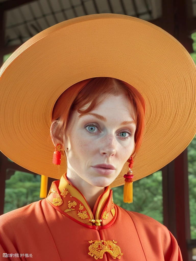 <lora:Vietnamese_disk_hat_SD15:0.9> medium closeup, ginger woman, d1sk_h4t, red ao_dai ao_zai,  yellow hat