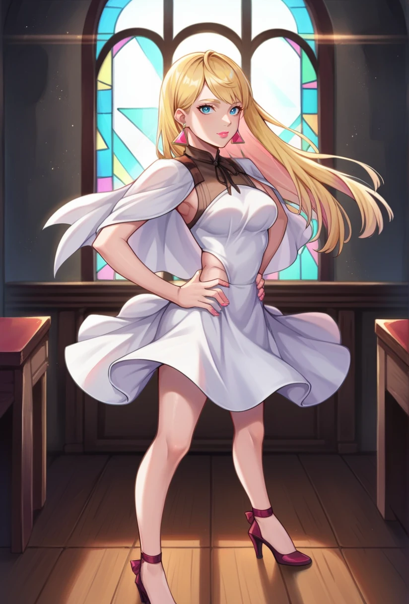 score_9, score_8_up, score_7_up, source_anime BREAK 1girl, solo, looking at viewer, cowboy shot, <lora:Gigi_Andalucia_Sdxl-12:1>, blonde hair, long hair, blue eyes, earrings, triangle earrings, jewelry, white dress, white capelet, white skirt, medium skirt, ribbon, wide hips, medium breasts, high heels, no socks, pink lips, nail polish, pink nails, indoors, sunlight, church, wooden floor, desk, from behind, back, hands on hips,