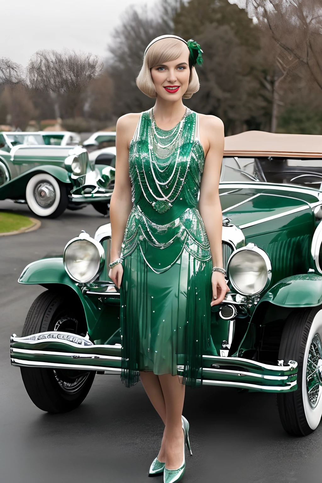 Photo of a glamorous 25 year old woman wearing a 1930s beaded flapper dress, with a  emerald green duesenberg-j convertible parked in the background <lora:1930s_Duesenberg_Model_J_by_IMAK:.8>