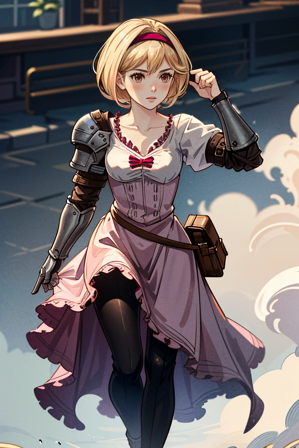 ((ultra detailed, masterpiece, absurdres))
<lora:GFGita:0.9>
GFGita, 1girl, short hair, blonde hair, brown eyes, pink hairband, full body, armor, dress