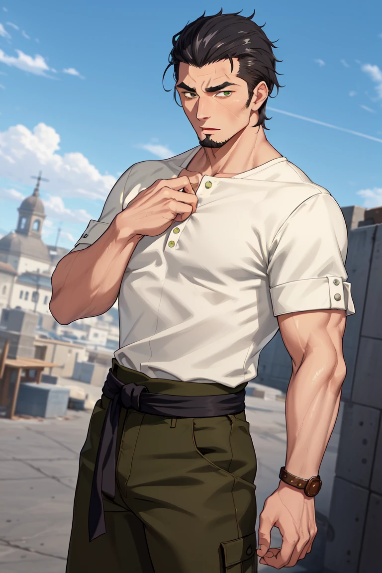 (1 image only), solo male, Kaburagi, Deca Dence, greying black hair, slicked back hair, thick eyebrows, sideburns, goatee, green eyes, scar, tucked-in wide necked short-sleeved white shirt, sleeves tucked up and buttoned, short sleeves, olive wide worker pants, black belt tied, brown boots. simplpe leather bracelet, toned male, mature, handsome, charming, alluring, blush, perfect anatomy, perfect proportions, best quality, masterpiece, high_resolution, dutch angle, outdoors, day, blue sky, science fiction, citadel on sky, photo background, better_hands, (perfect hand, perfect fingers:1.4)<lora:EMS-309283-EMS:0.600000>