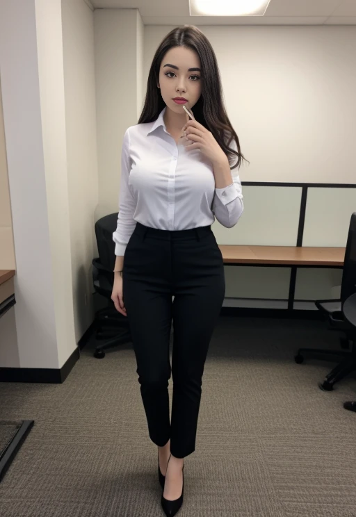 full body shot of business photo of barelimary, <lora:barelimary:1>, pants, black attire, big breasts, collared shirt, tucked shirt. Professional attire, workplace setting, confident. Whole outfit, clear, sharp, balanced