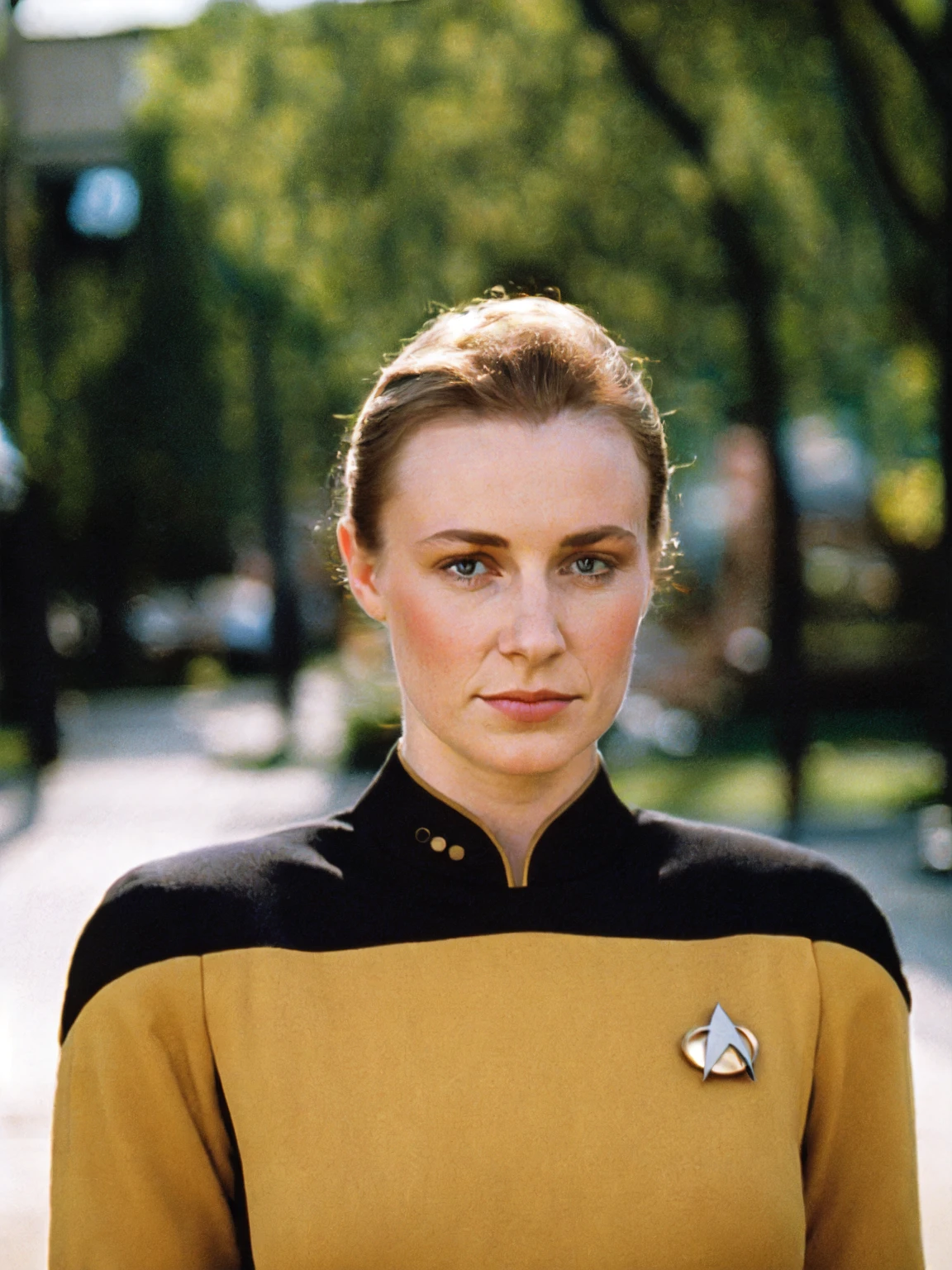 film grain analog photography,portrait photography, close -, young adult woman, wearing yellow s3stngunf uniform,caucasian, neutral expression, soft gaze, natural light, shallow depth field, bokeh background, fine art style, unretouched skin texture, <lora:TNGS3Standalone:0.8>