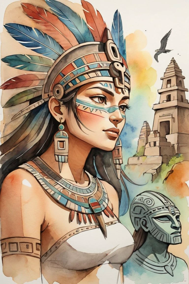 An environment with Aztec tendencies and many sculptures with masks on the wall woman 25yo and Annatar creature, slipstream style, watercolor sketch in artistic style, large strokes, finalized with ink, fine lines