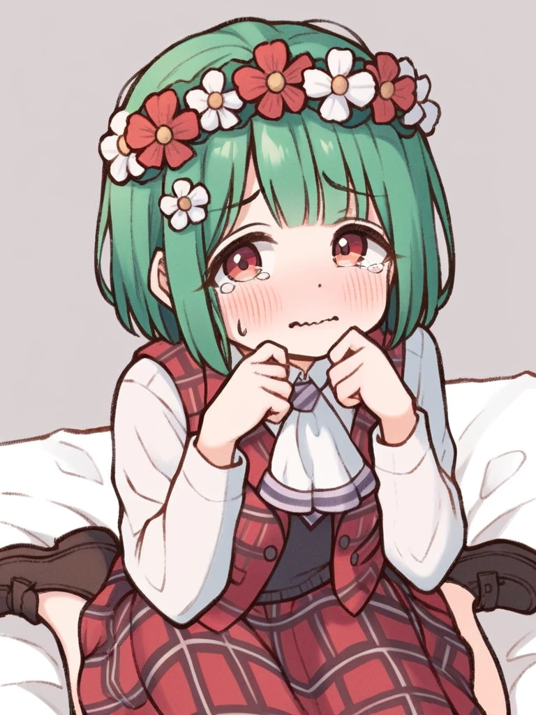 <lora:XL_Colored lead(pony)2-000007:1>,caiqian style,1girl, solo, green hair, skirt, blush, red eyes, ascot, flower, sitting, vest, head wreath, plaid, plaid skirt, short hair, plaid vest, shirt, long sleeves, skirt set, wariza, tears, hair ornament, looking at viewer, clothes lift, seiza, wavy mouth, hair flower, skirt lift, sweatdrop, score_9,_up score_8_up,