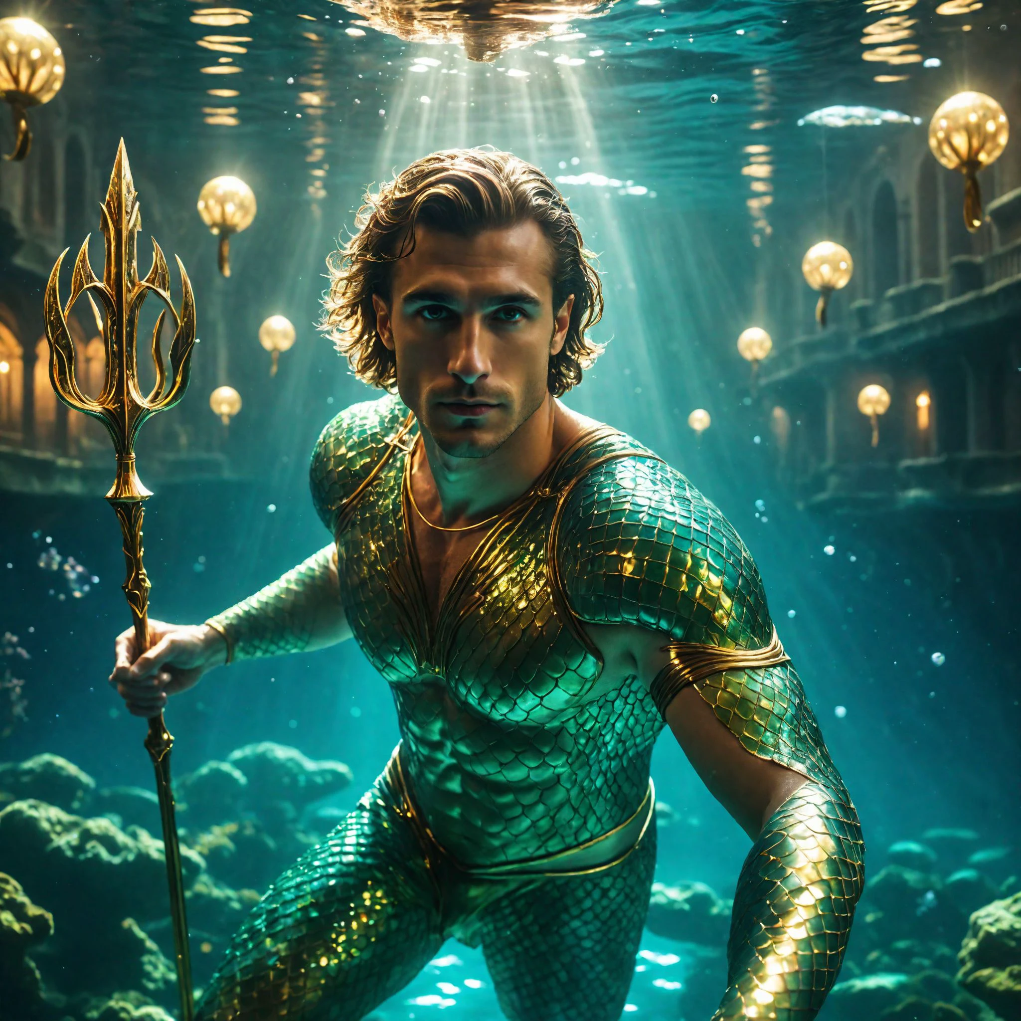 well-built 20-year-old male mermaid, long wet hair, under the ocean and a lot of fish in the background. The lighting is cinematic, with deep shadows and highlights,