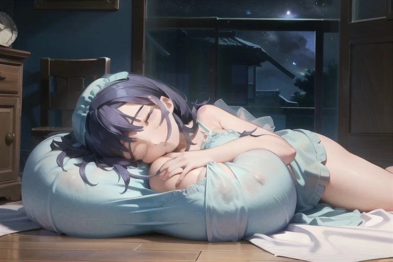 bed, side view, night, moonlight, blue lighting((not human)),((background))