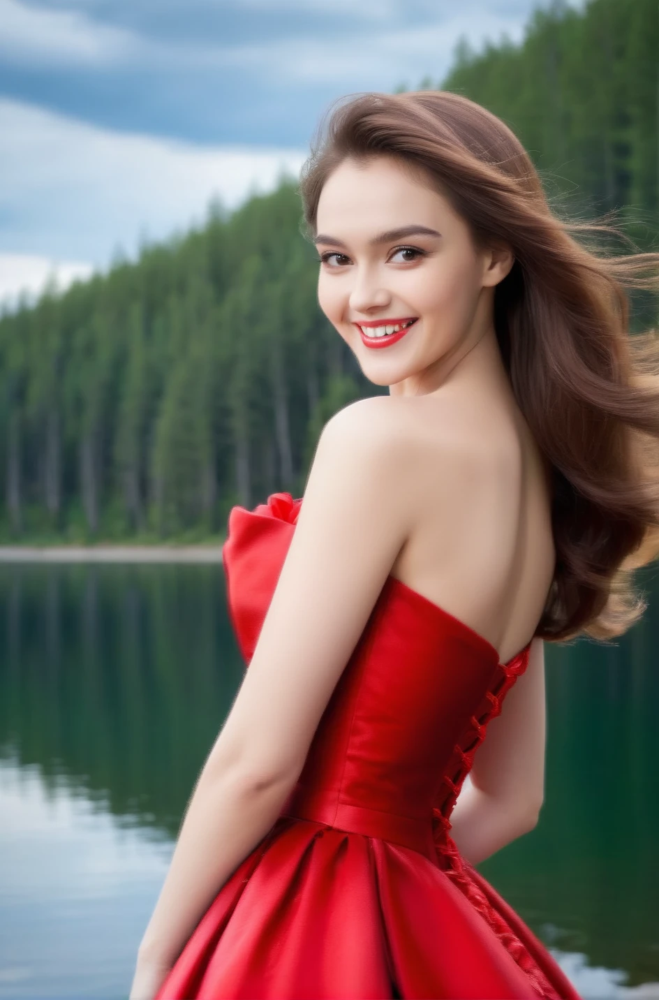 tv_Irina_Wilson_MXAI_V1, joyful expression, smiling expression, ((wearing red ballgown )), by a Finnish lake (((relaxed))), "epic-Ultra-HD-details", "epic-Ultra-HD-highlights", PA7_Human-Likeness, PA7_Portrait-FL